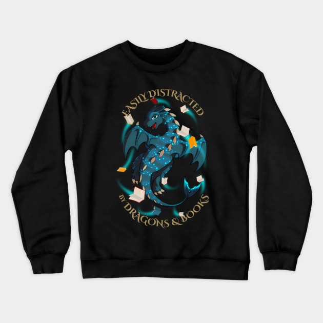 Easily Distracted By Dragons And Books Nerd Dragon Crewneck Sweatshirt by Sink-Lux